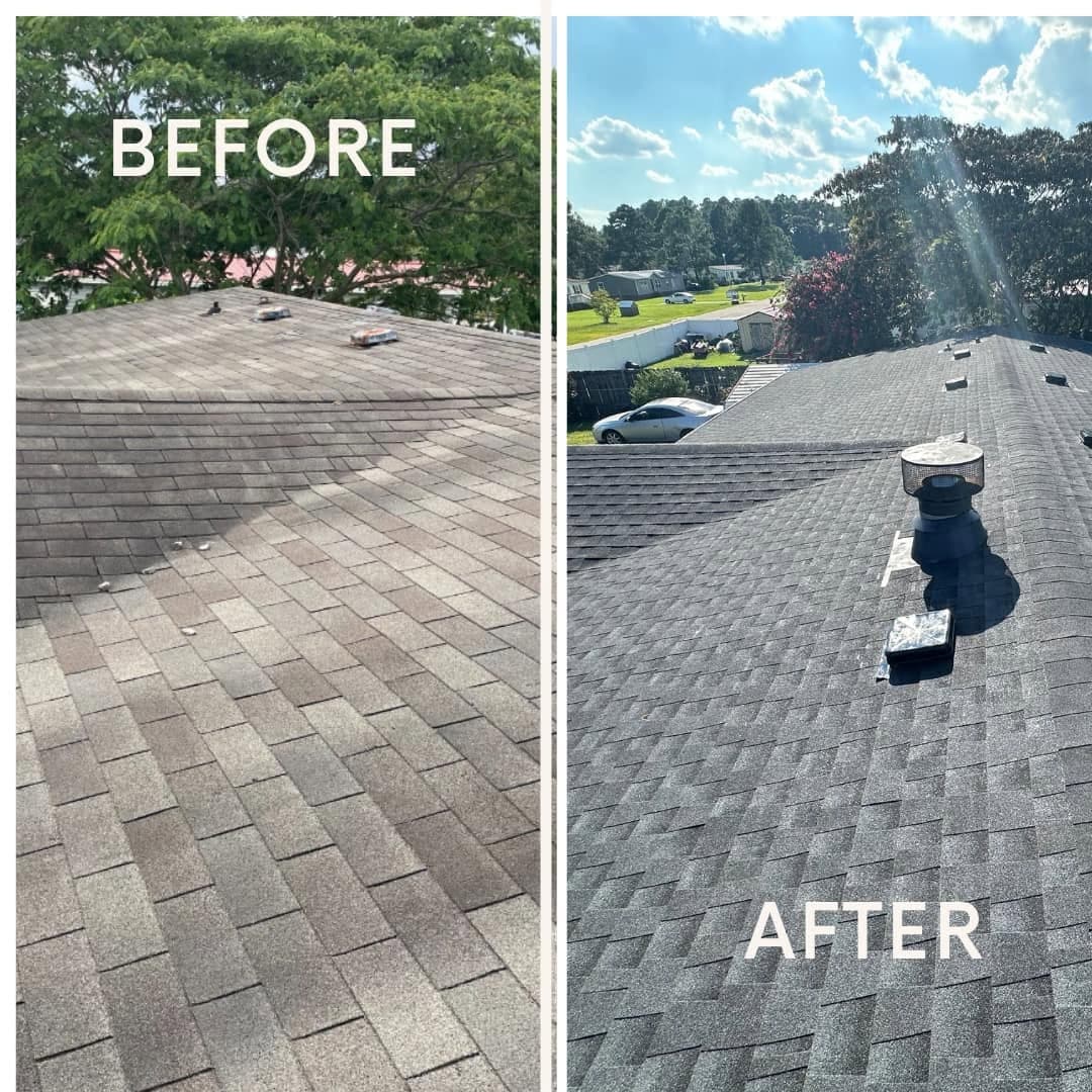 Before and after of a shingle roof replacement on the same home