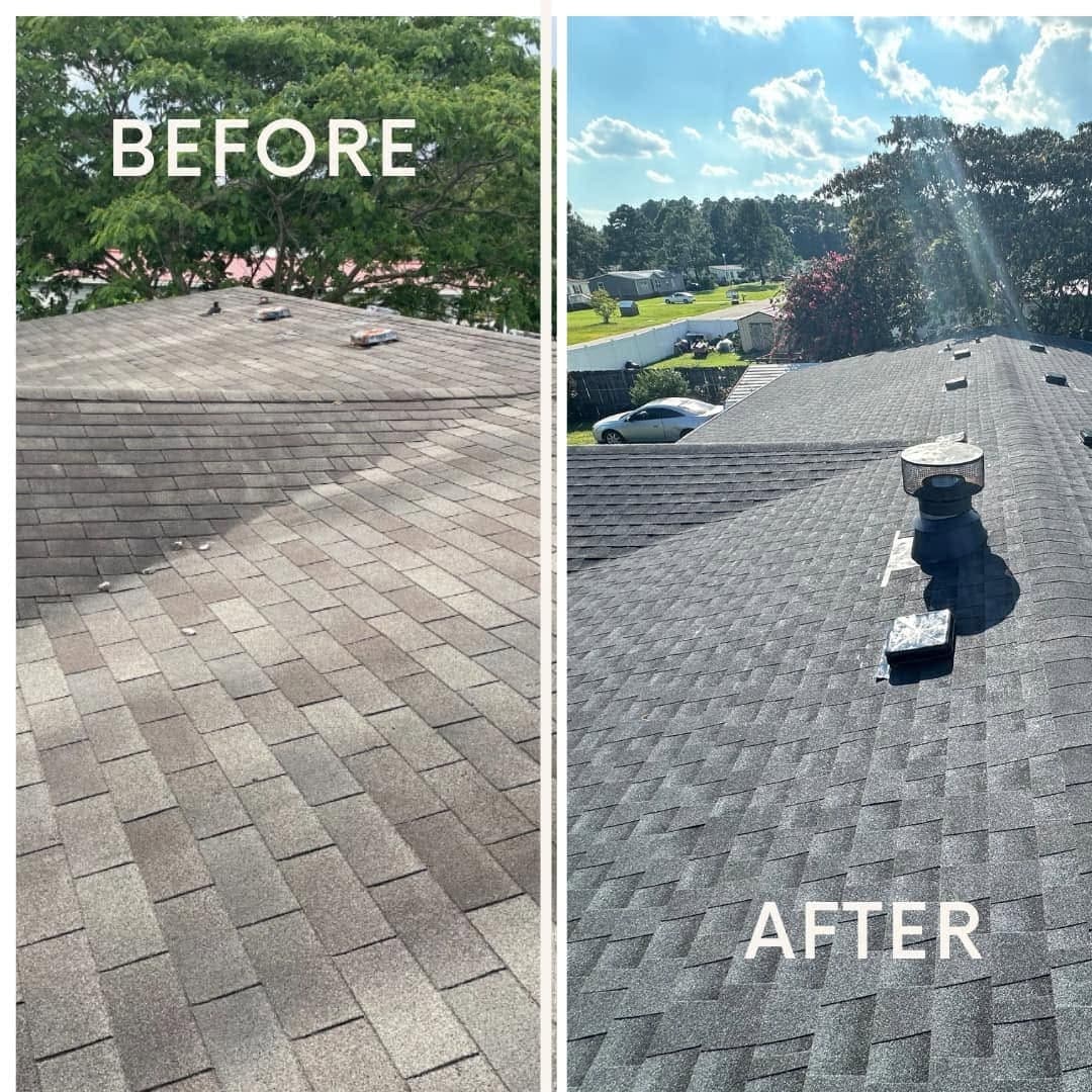 Before and after of a shingle roof replacement on the same home
